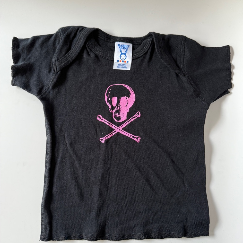 Rabbit Skins Black Tee with Pink Skull Design